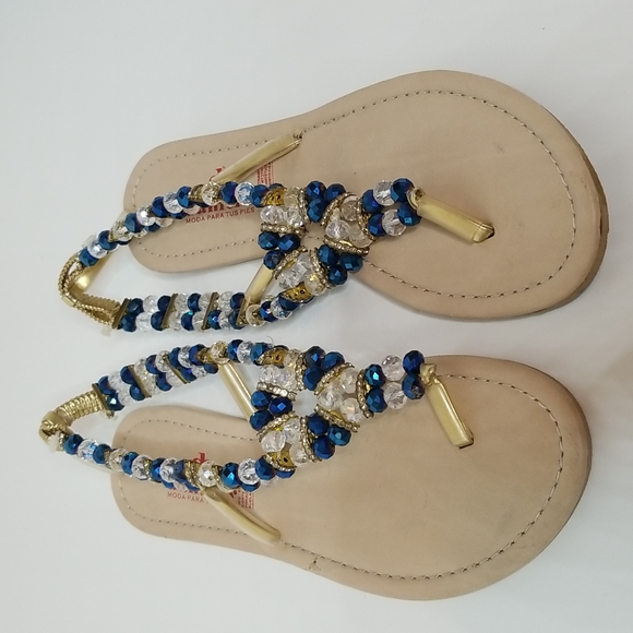 Sparkly Blue Beaded Rhinestone Flat Between The Toe Sandals Shoes Flats Indian - Picture 3 of 9